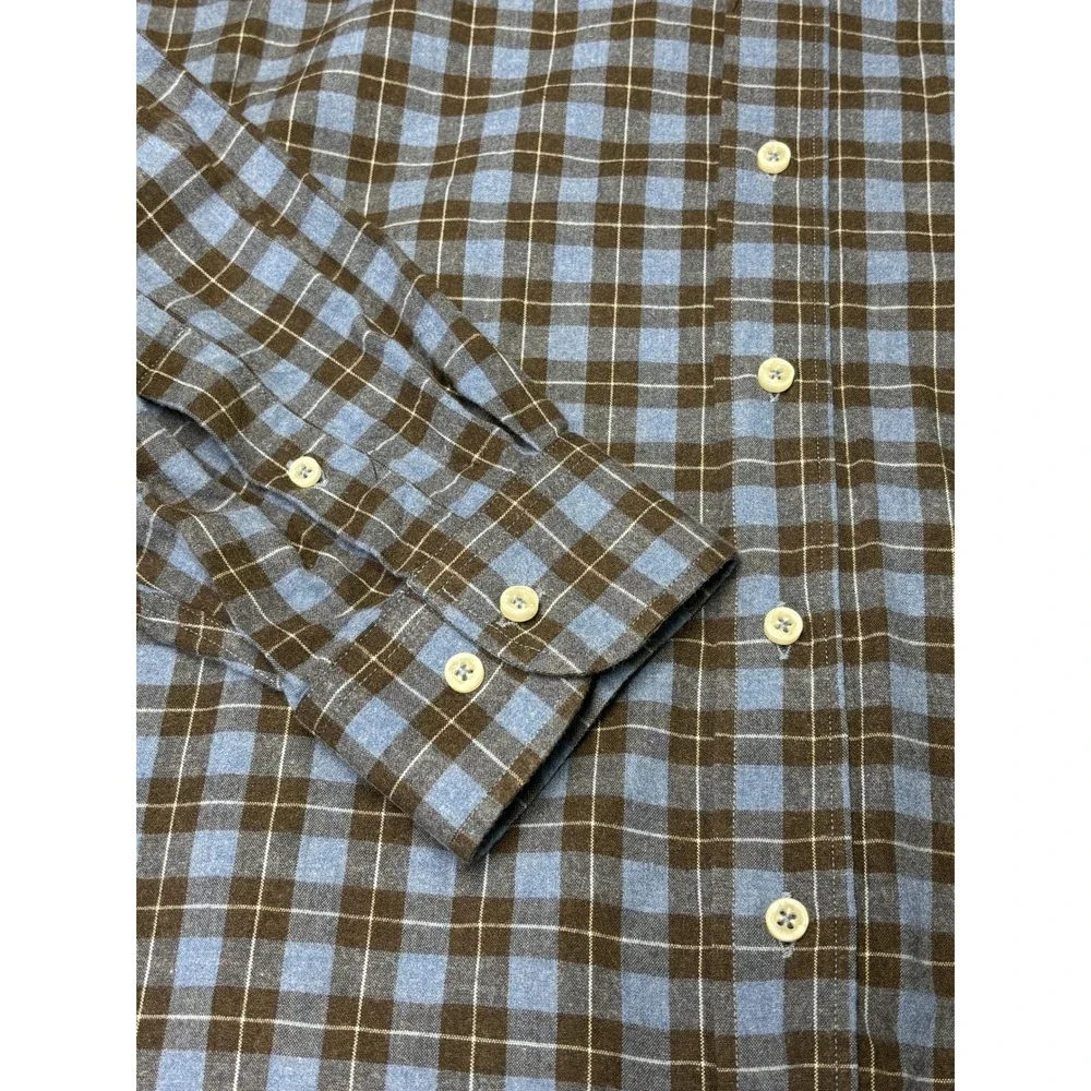 Alan Paine Mens XXL Blue Brown Plaid Long‎ Sleeve 100% Cotton Button Down Shirt